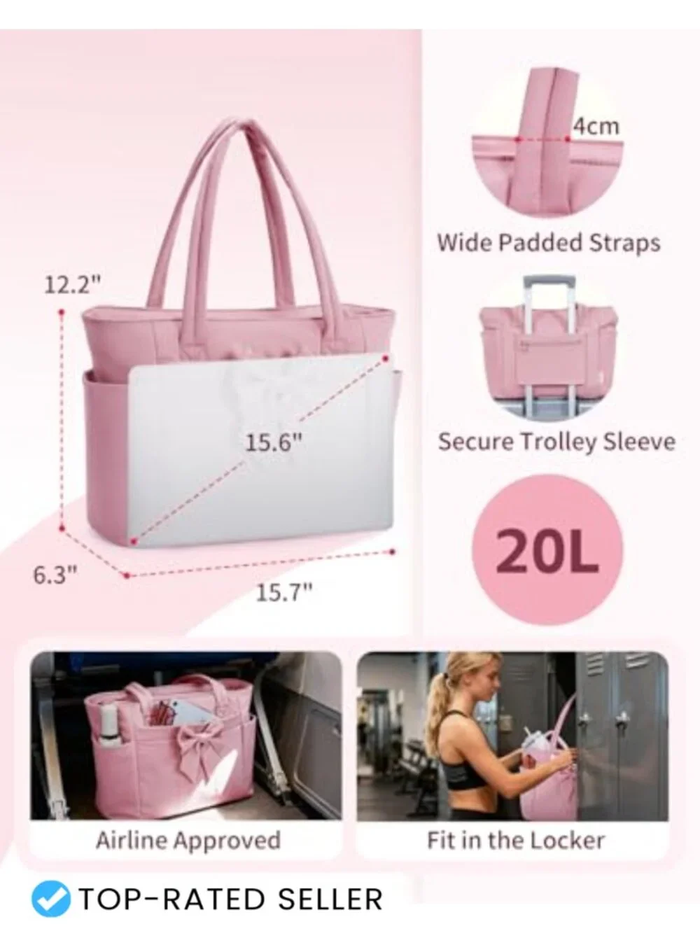 Lightweight Work Tote Bag with Detachable Bow, Fits 40oz Tumbler, 15.6